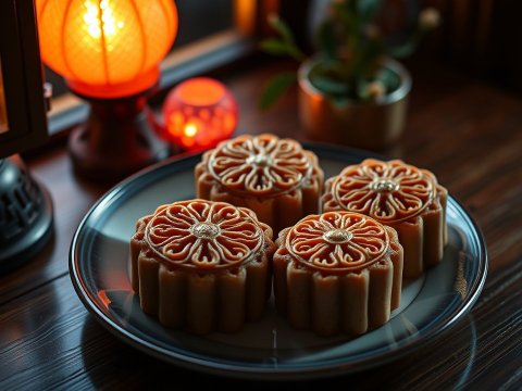 Traditional Chinese Mooncakes on a Plate with Warm Lantern Light