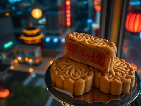 Traditional Chinese Mooncakes with City Nightscape Background