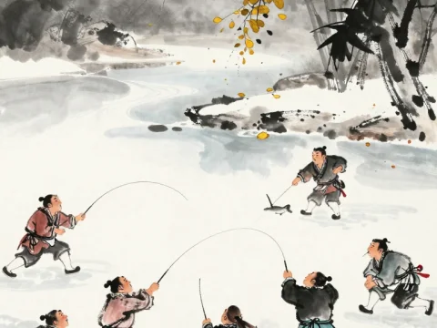 Traditional Chinese Painting of Children Ice Fishing