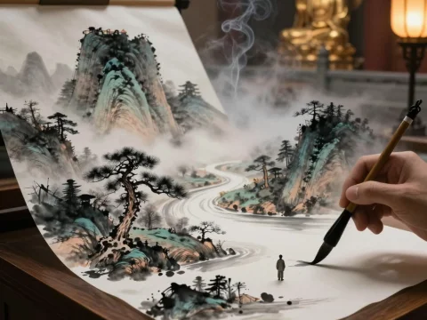 Traditional Ink Landscape Painting with Buddhist Temple Ambiance