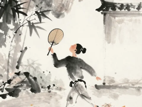 Traditional Ink Painting of a Girl with Fan in Autumn