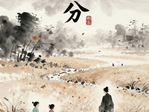 Traditional Ink Painting of Autumn Landscape with Children and Cat