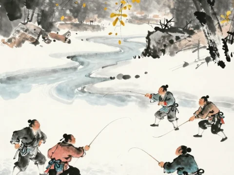 Traditional Ink Painting of Fishermen by a Winter River