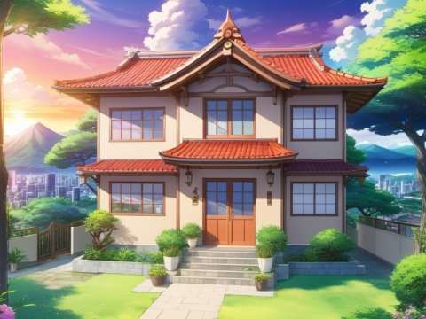 Traditional Japanese House at Sunset with Cityscape View