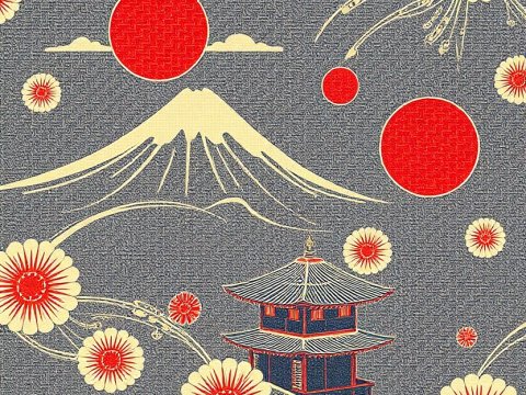 Traditional Japanese Pattern with Mount Fuji and Pagoda