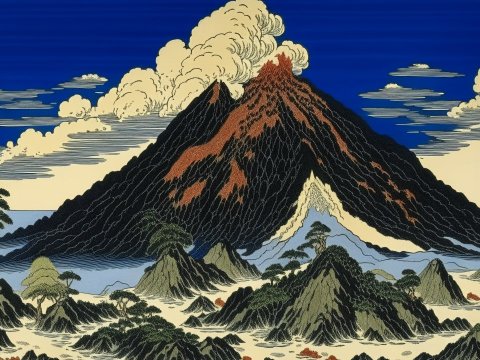Traditional Japanese Style Volcano Eruption