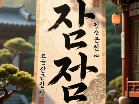 Traditional Korean Calligraphy Scroll in Serene Garden