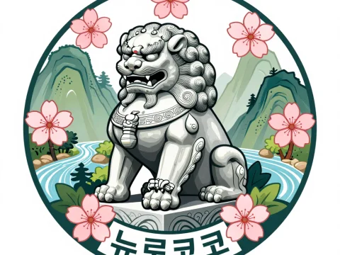 Traditional Korean Guardian Lion with Cherry Blossoms