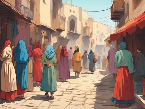 Traditional Kurdish Alley Scene with Women in Colorful Attire