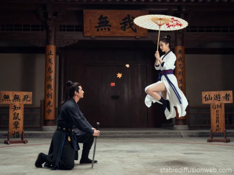 Traditional Martial Arts Scene with Floating Woman and Sword