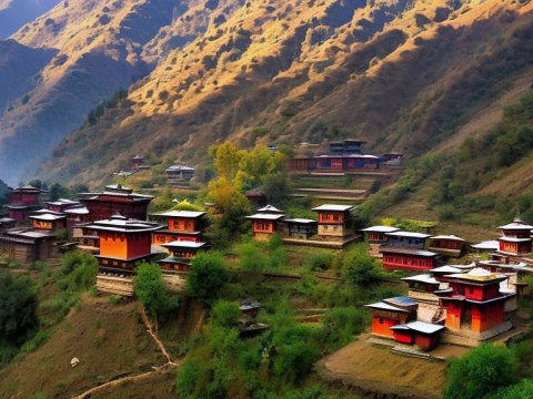 Traditional Oriental Village Nestled in Mountain Valley