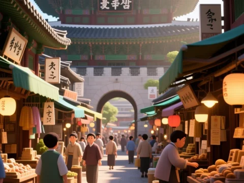 Traditional Seoul Market Street with Historic Gate
