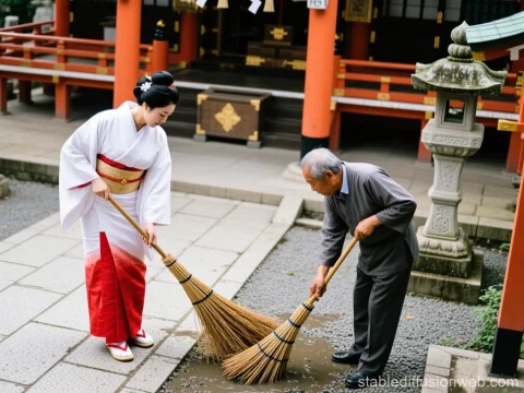 Traditional Shrine Cleaning by Woman in Kimono and Elderly Man