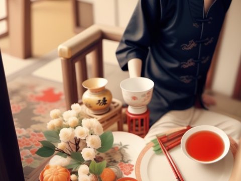 Traditional Tea Ceremony with Elegant Attire and Delicate Sweets