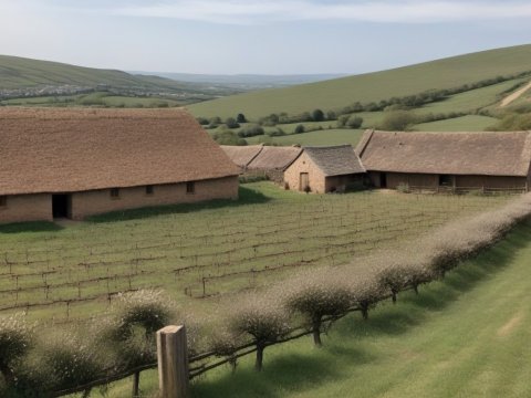 Traditional Thatched Farmhouses in a Rolling Green Landscape