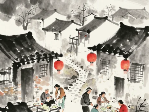 Traditional Village Scene with Lanterns and Dinner Gathering