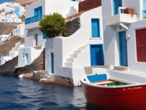 Traditional White and Blue Houses by the Sea with Red Boat