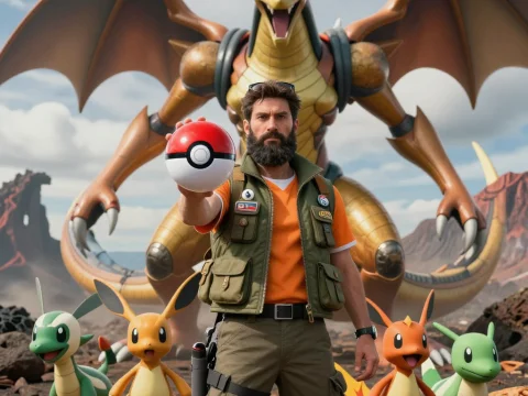 Trainer with Pokémon and Mega Charizard in Volcanic Landscape