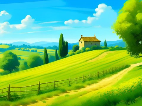 Tranquil Countryside Landscape with Rolling Hills and Cottage