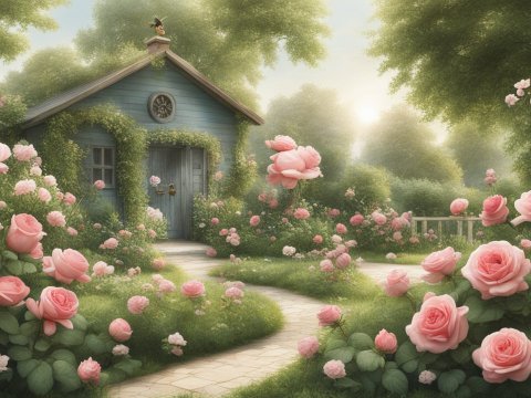 Tranquil Garden Cottage with Blooming Pink Roses