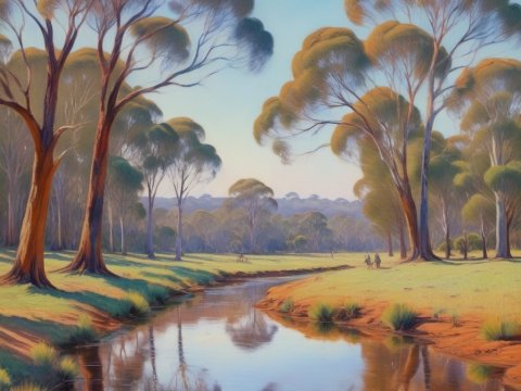 Tranquil River Landscape with Tall Trees at Sunrise