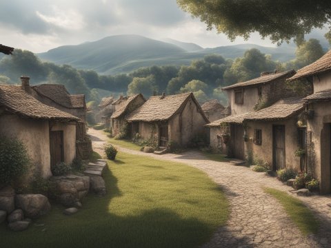 Tranquil Village Pathway with Rustic Houses and Rolling Hills