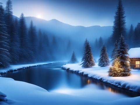 Tranquil Winter Fir Forest with Snow-Covered Cabin by River