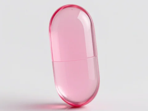 Transparent Pink Capsule Pill on White Background