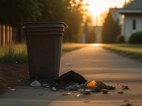 Trash Bin and Litter on Sidewalk at Sunset