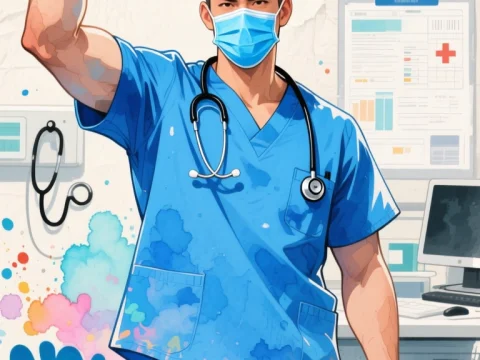 Triumphant Doctor in Blue Scrubs with Raised Fist