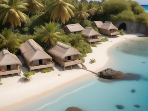 Tropical Beachfront Huts with Palm Trees and Clear Blue Water