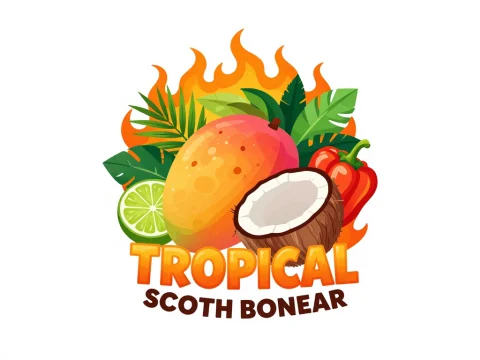 Tropical Caribbean Hot Sauce Logo with Fruits and Flames