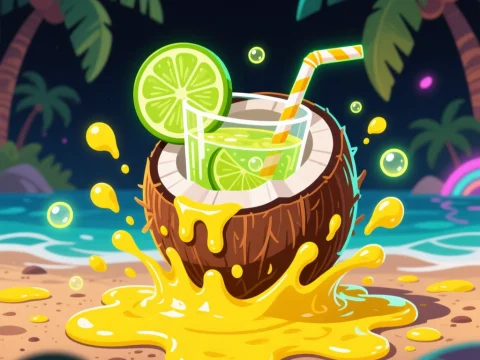 Tropical Coconut Cocktail Splash on Beach