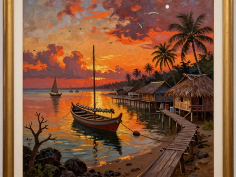 Tropical Fishing Village at Sunset