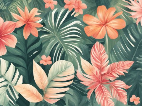 Tropical Floral Pattern with Soft Coral and Green Leaves