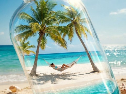 Tropical Island in a Bottle on Sunny Beach