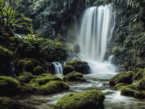 Tropical Jungle Waterfall with Moss-Covered Rocks