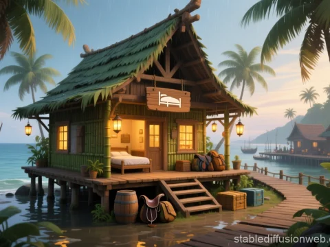 Tropical Medieval Inn by the Seaside at Sunset