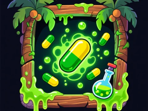 Tropical Toxic Capsule Icon with Green Slime and Palm Trees