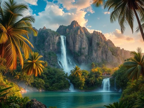 Tropical Waterfalls in a Lush Mountain Landscape