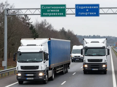 Trucks Driving on a German Highway with Overhead Signs