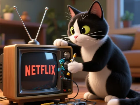 Tuxedo Cat Fixing Vintage TV with Netflix Display