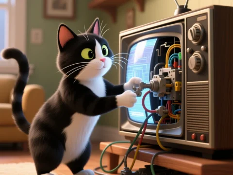 Tuxedo Cat Repairing Vintage TV in Cozy Room