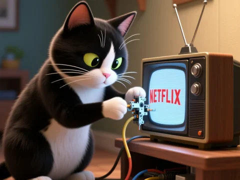 Tuxedo Cat Repairing Vintage TV with Netflix Screen