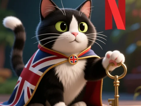 Tuxedo Cat Wearing British Flag Cape Holding Golden Key