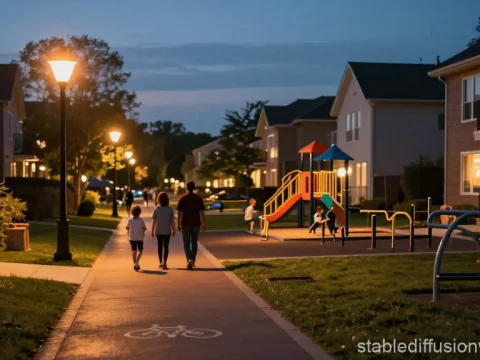 Twilight Residential Street with Playground and Families