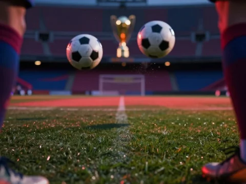 Twilight Soccer Match with Floating Balls and Trophy