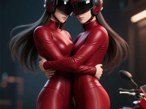 Twin Riders in Matching Wine Red Suits and Helmets