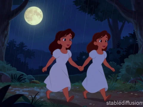 Twins Walking Hand in Hand on a Rainy Night