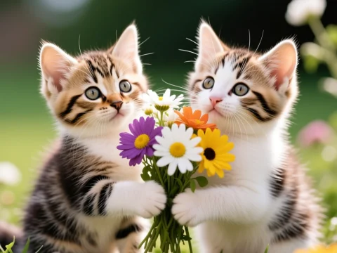 Two Adorable Kittens Holding a Colorful Bouquet of Flowers